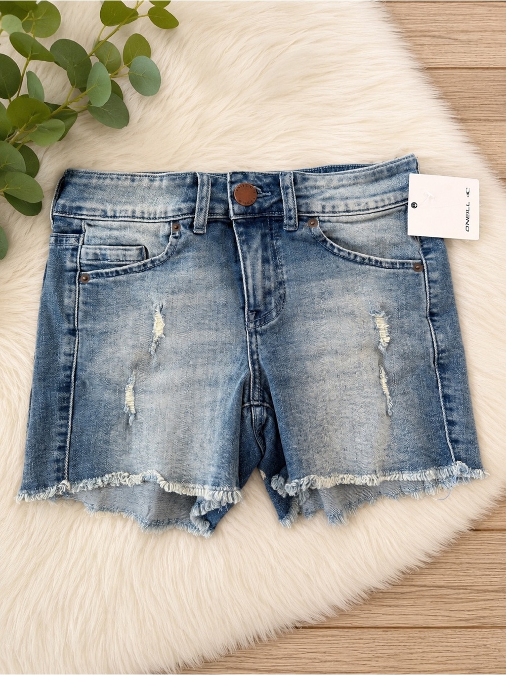 O'Neill Medium Wash Distressed Frayed Hem Denim Shorts